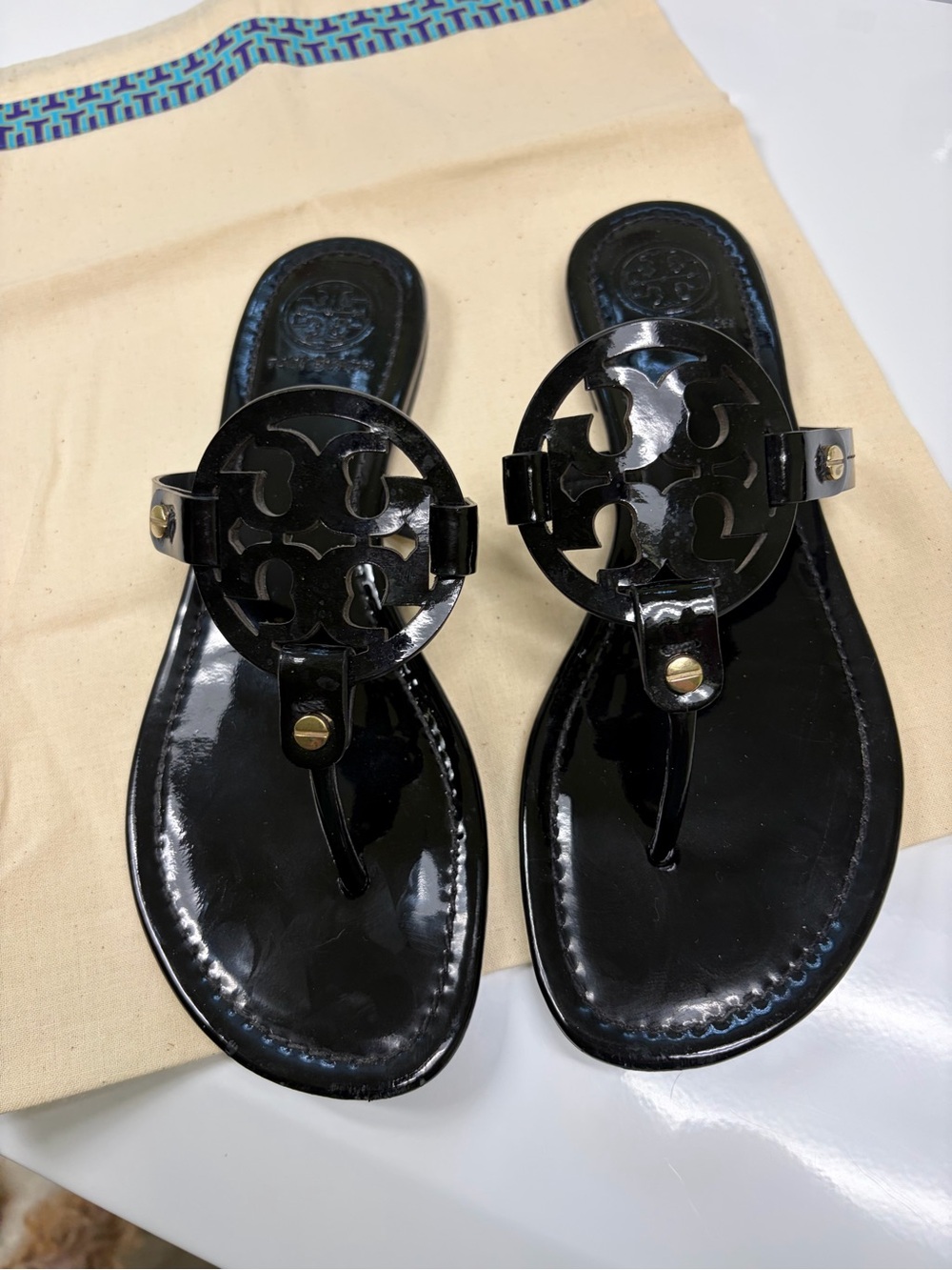 Tory Burch Black Patent Logo Thong Sandals